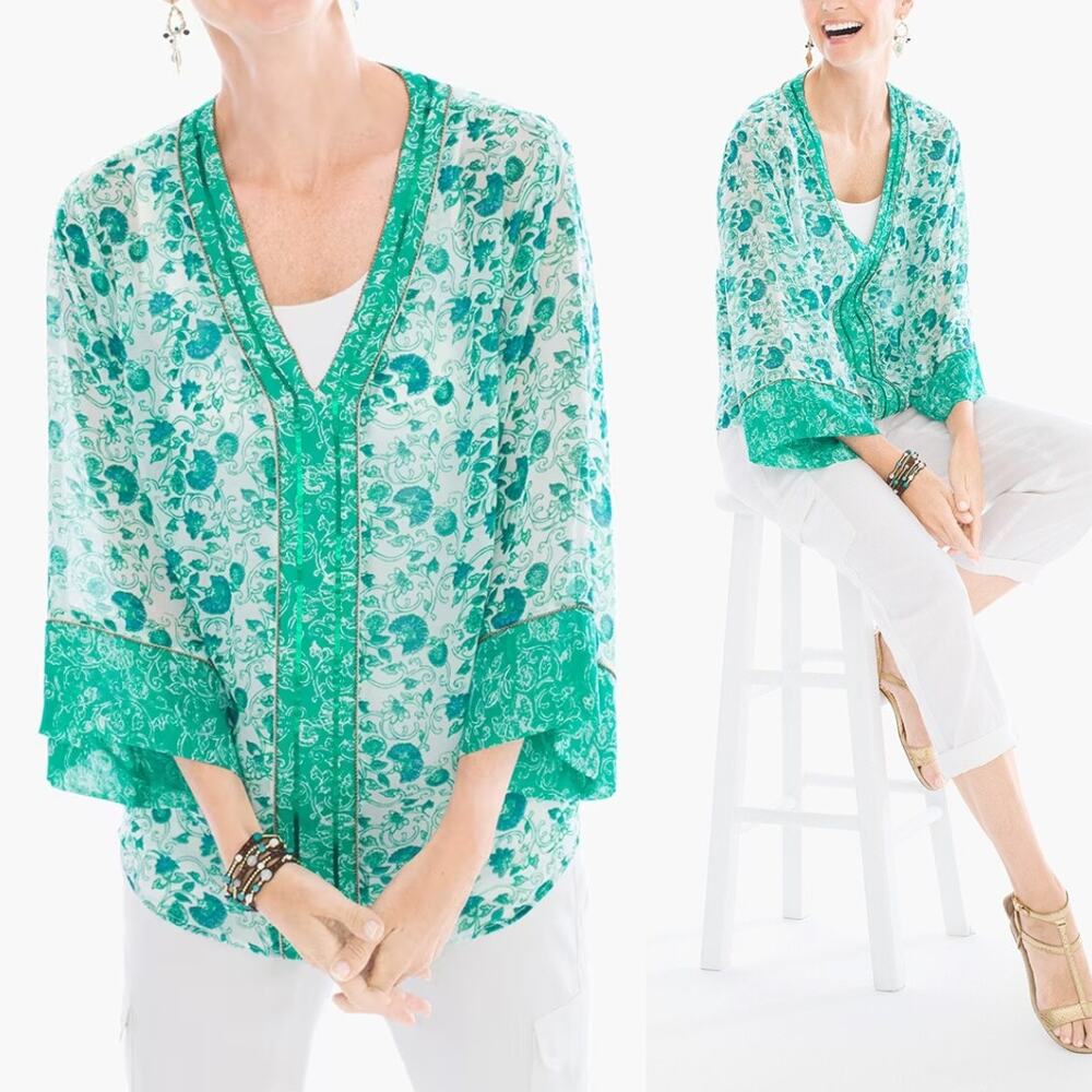 Chico's Sz 0 Congo Floral Tunic Green Print Sheer Embellished V-neck Blouse